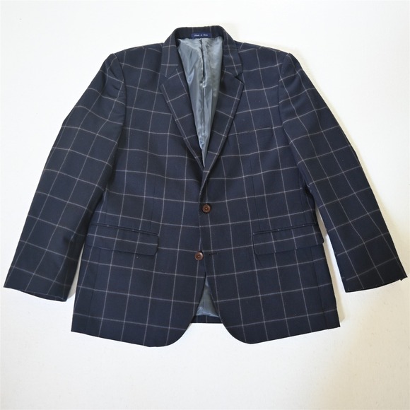 Alan‎ Flusser 44R Navy Blue Windowpane Mens Blazer Suit Jacket Sport Coat